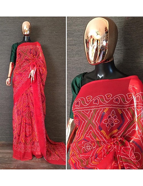 Red georgette bandhani print traditional saree 