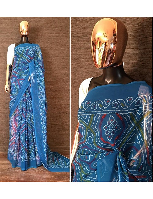 Sky blue georgette bandhani print traditional saree 