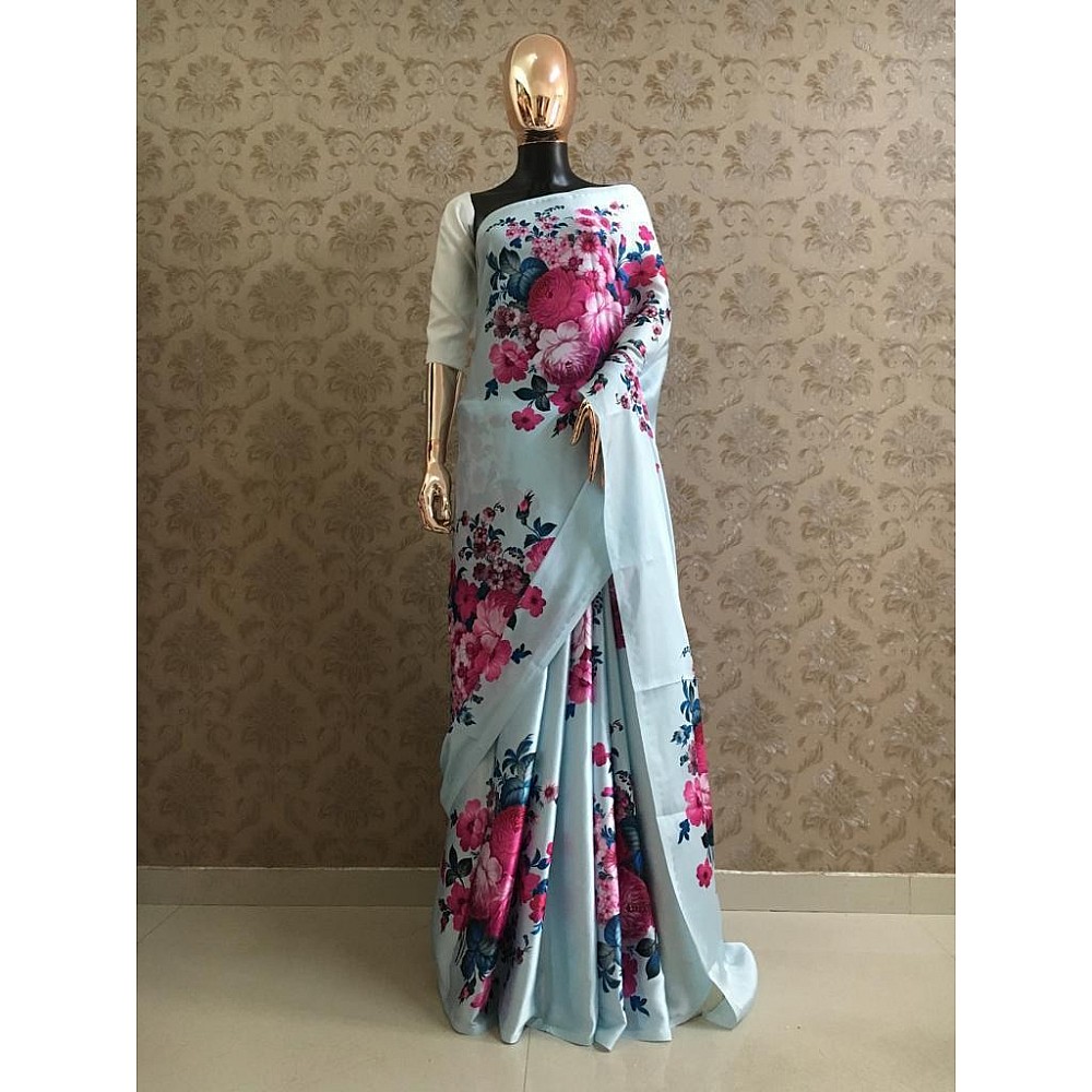 Sky blue japan satin silk floral printed saree
