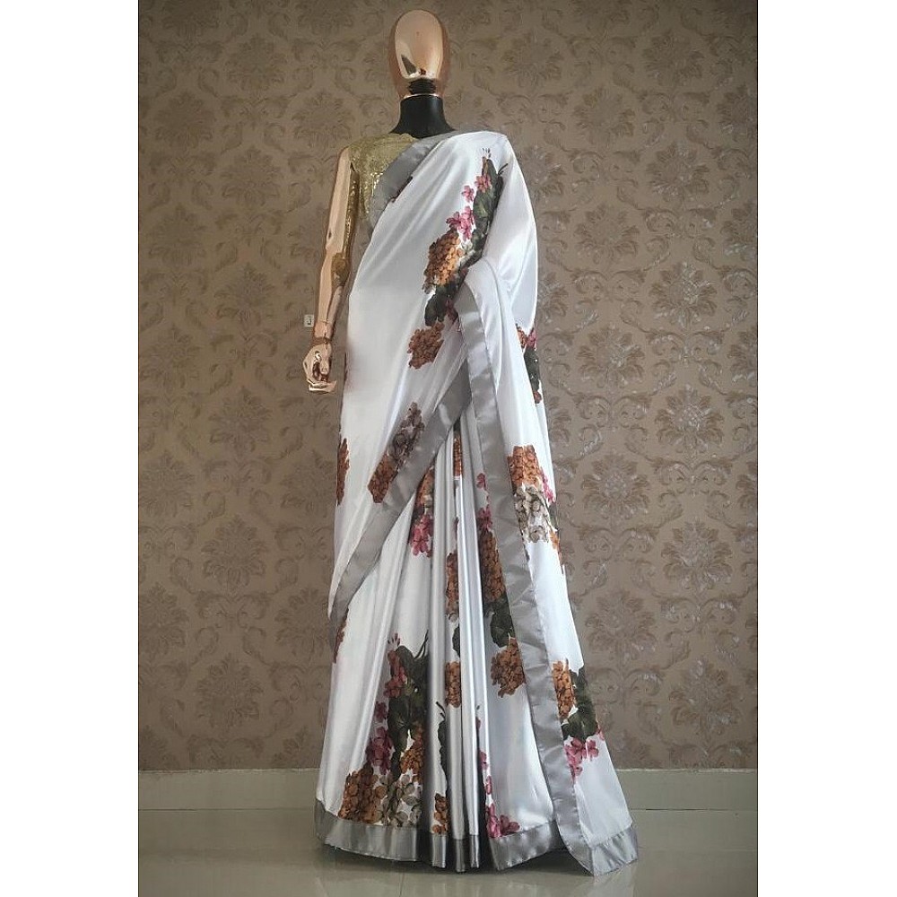White japan satin floral printed saree with sequence work blouse