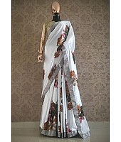 White japan satin floral printed saree with sequence work blouse