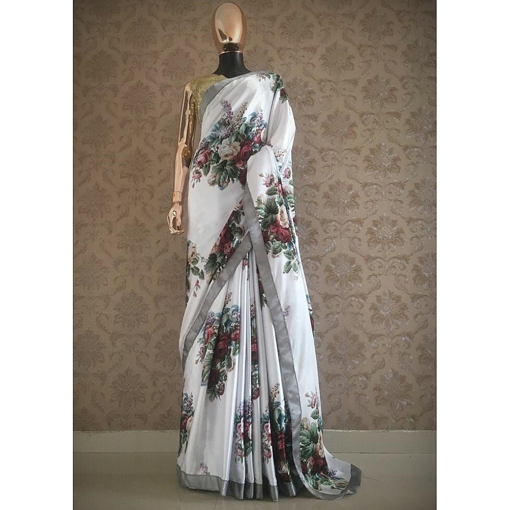 White japan satin flower printed saree with sequence work blouse