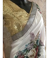 White japan satin flower printed saree with sequence work blouse