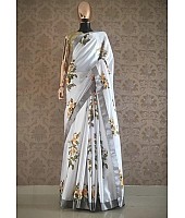 White japan satin yellow flower printed saree with sequence work blouse
