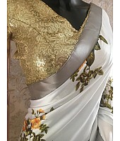 White japan satin yellow flower printed saree with sequence work blouse