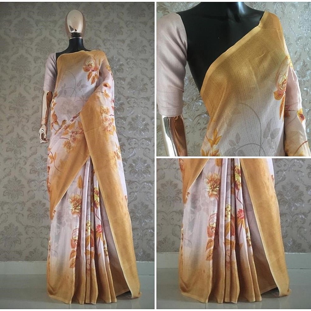 Yellow and white multicolor printed jute saree