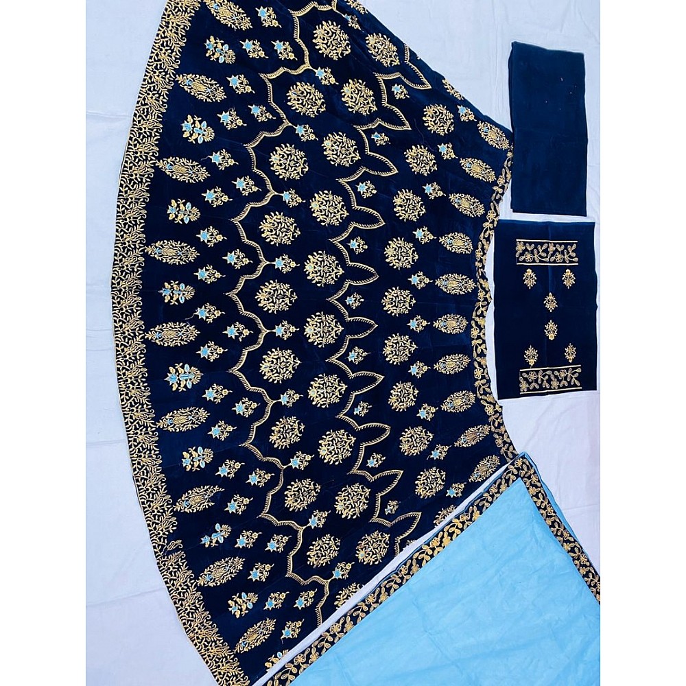 Blue velvet embroidered wedding lehenga choli