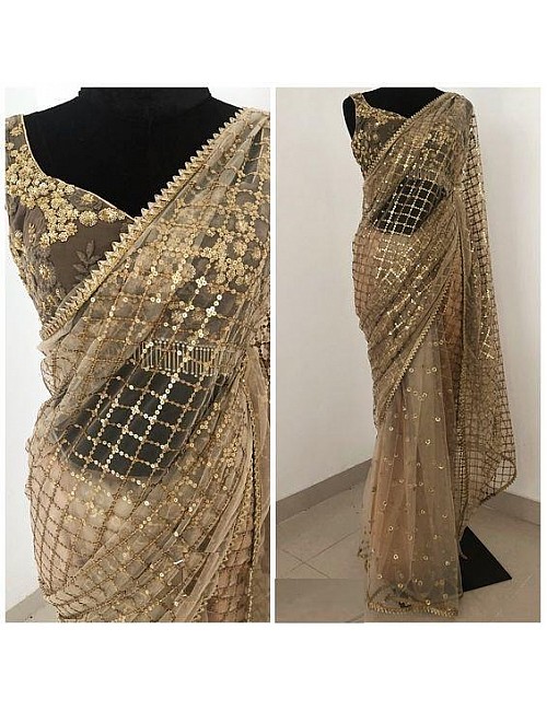 Beige net with heavy sequence work wedding saree