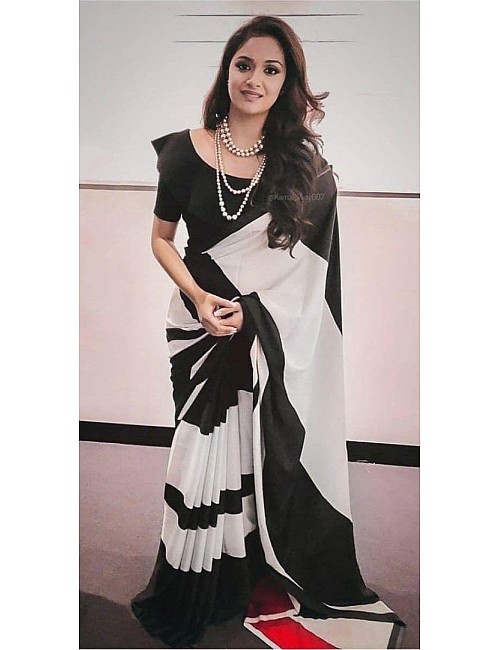 Black and white ultra satin printed saree