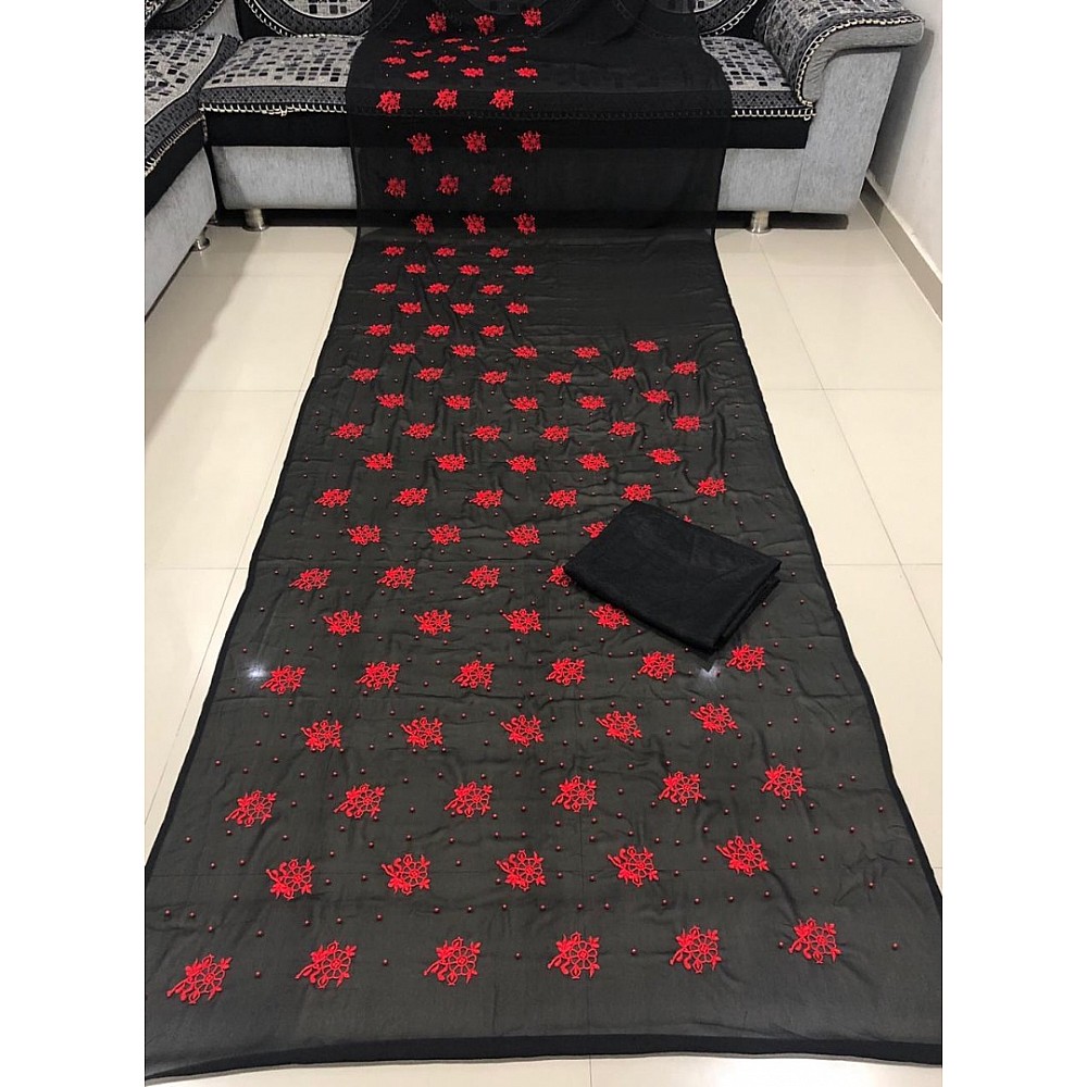 Black georgette red moti and embroidery partywear saree