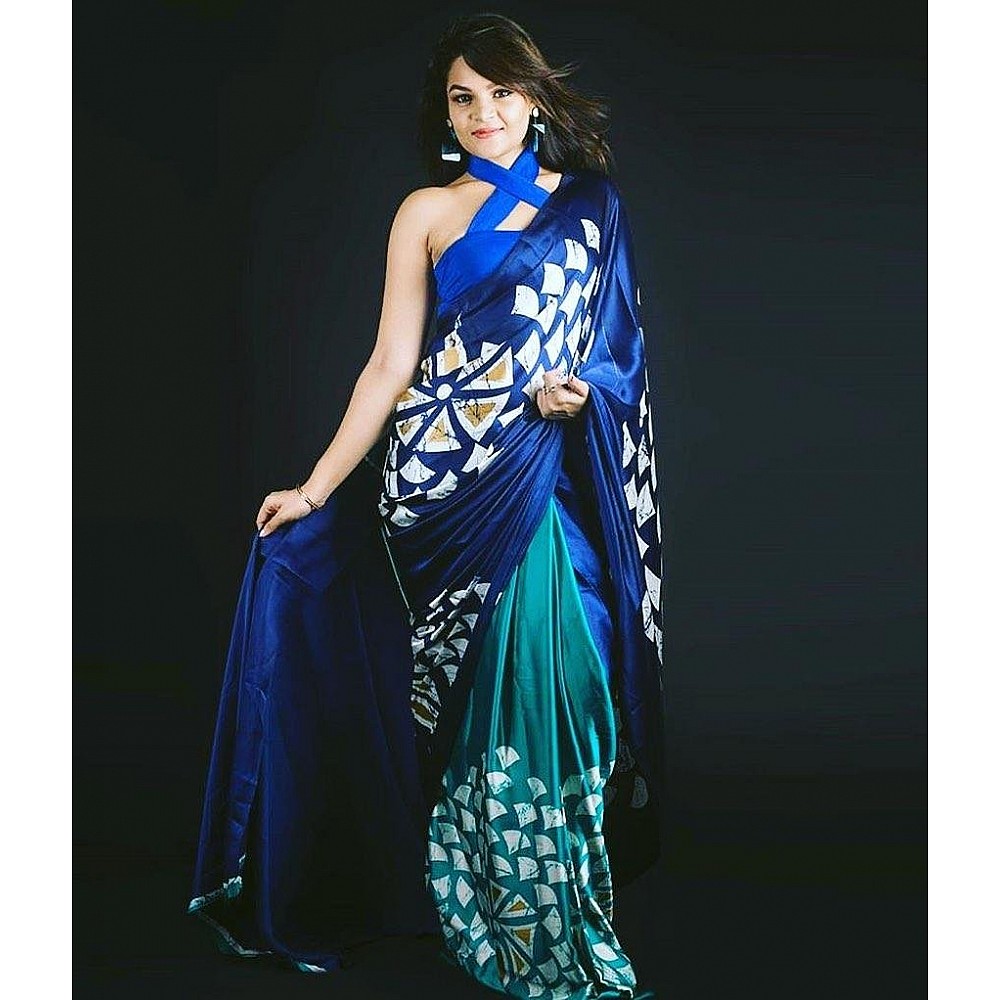 Blue and rama half half printed ultra satin fancy saree
