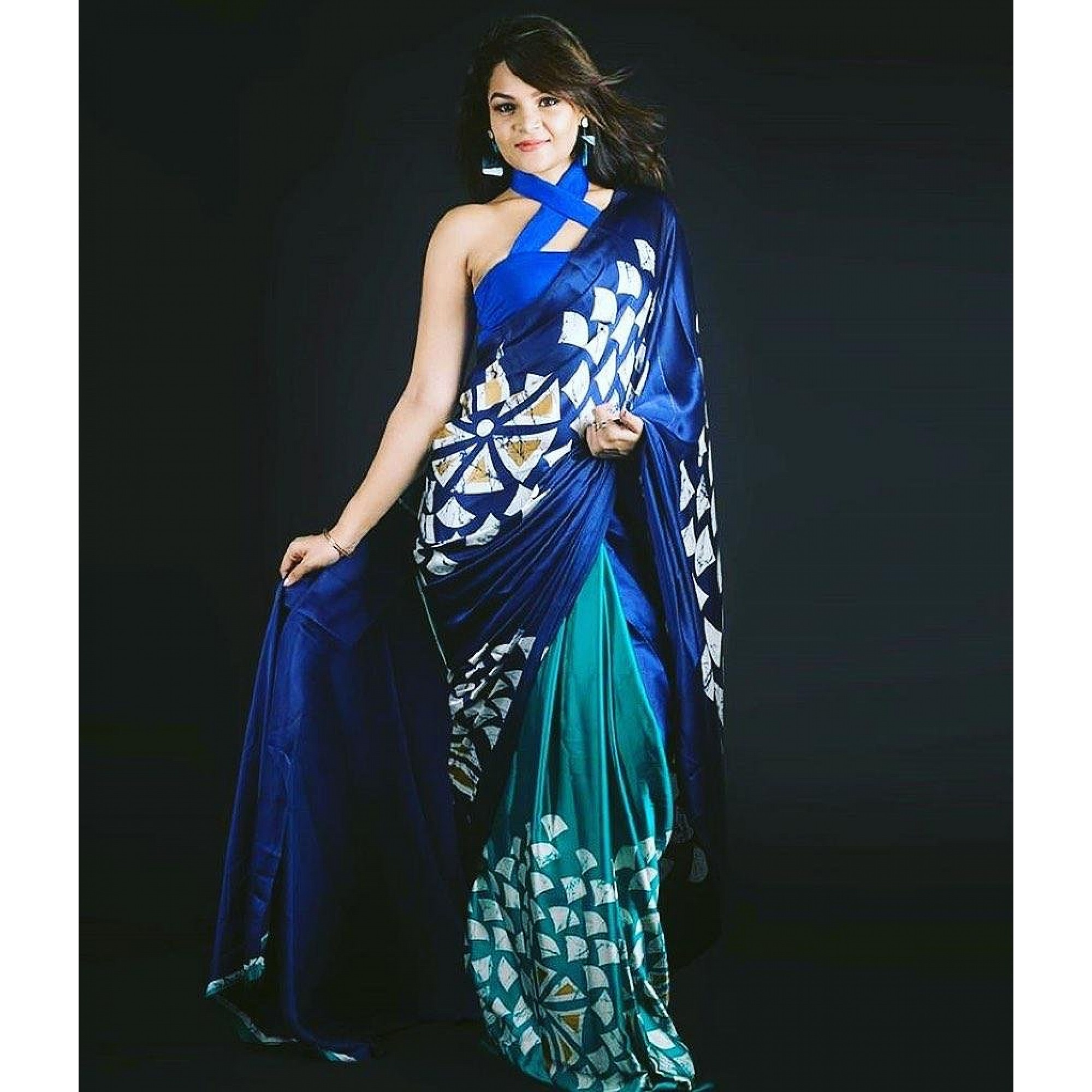 Saree : Blue and rama half half printed ultra satin fancy ...