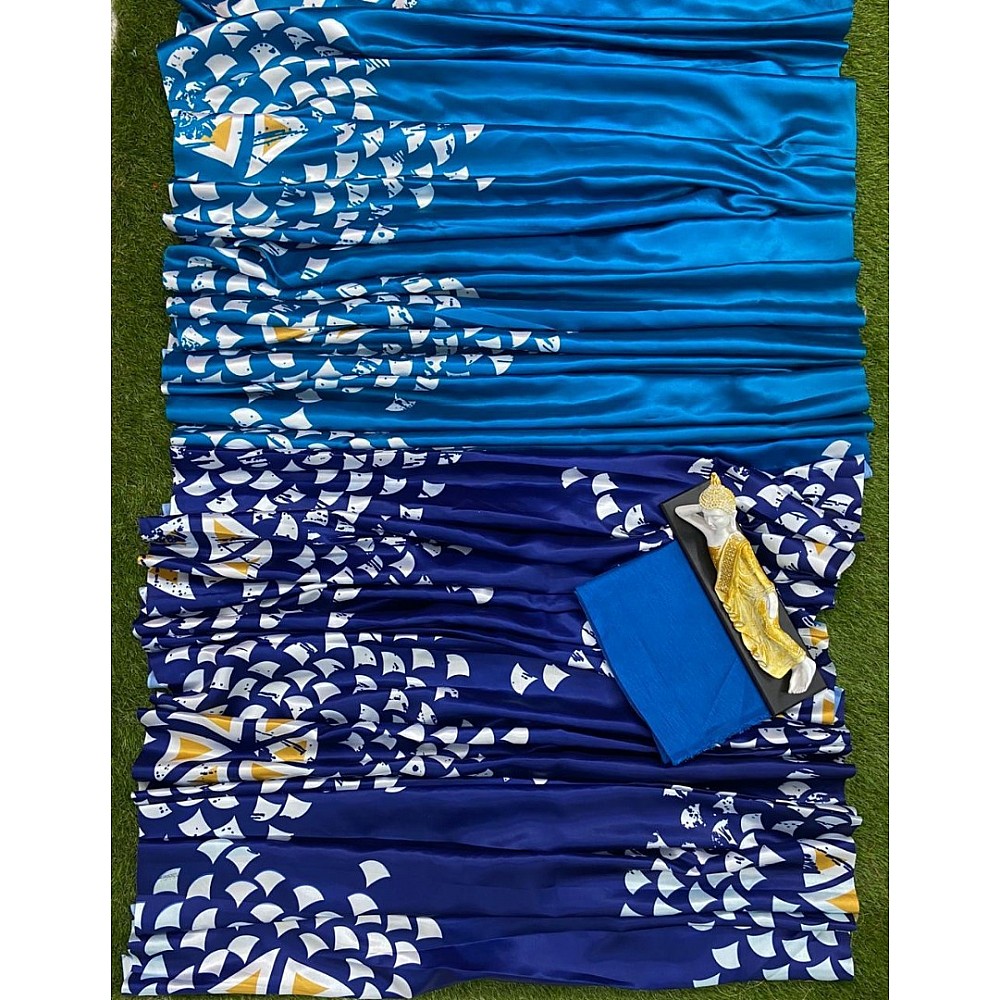 Blue and rama half half printed ultra satin fancy saree