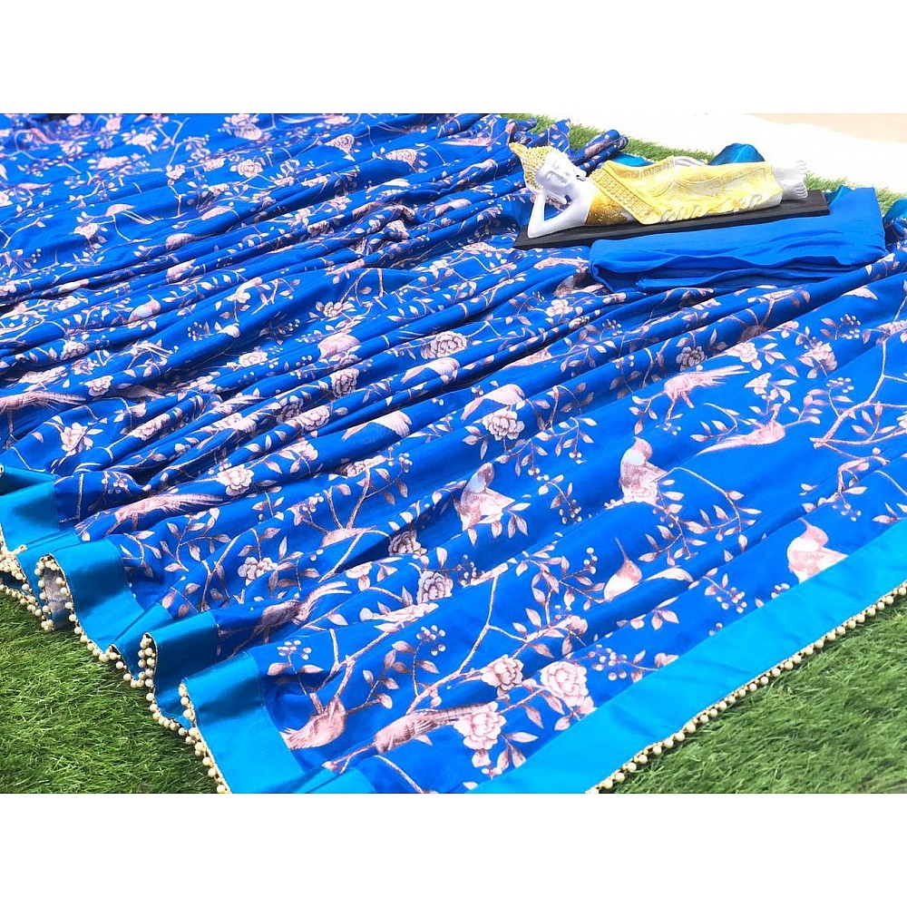 Blue chinon silk printed moti border saree