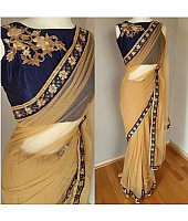 Brown net embroidered partywear saree