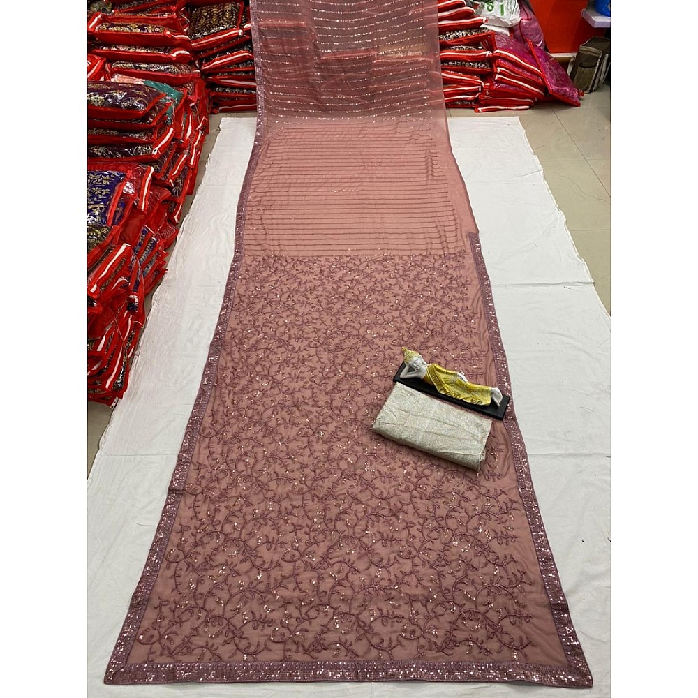 Dusty rose georgette sequence and embroidered work designer wedding saree