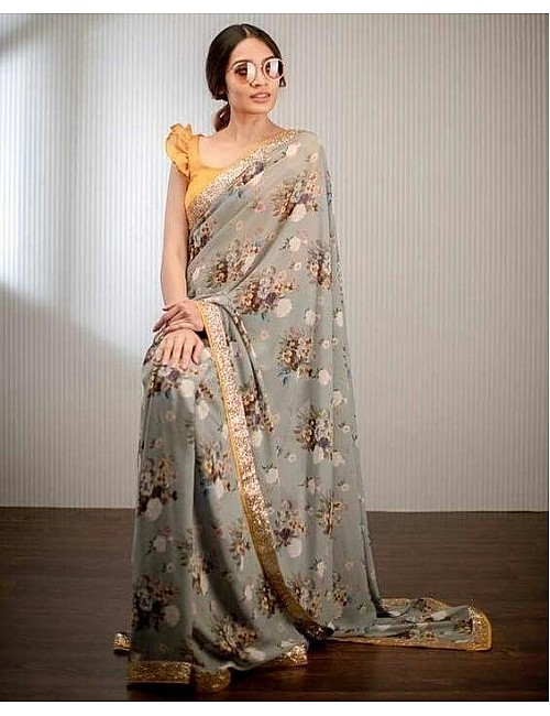 Grey georgette floral printed sequence work border saree