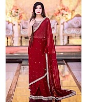 maroon georgette moti and embroidery work wedding saree