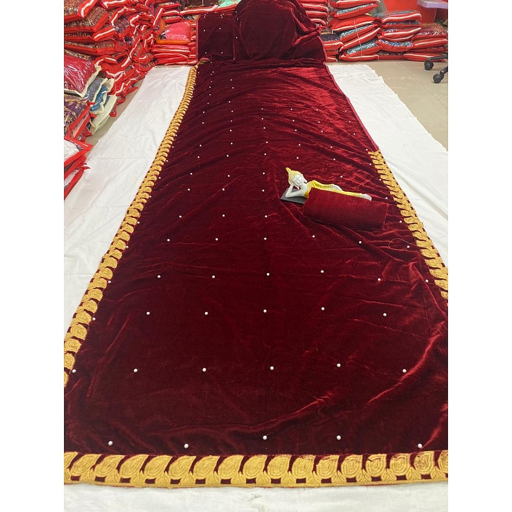 Maroon velvet embroidered border work wedding saree