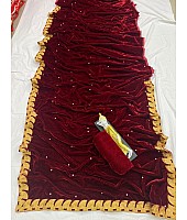 Maroon velvet embroidered border work wedding saree
