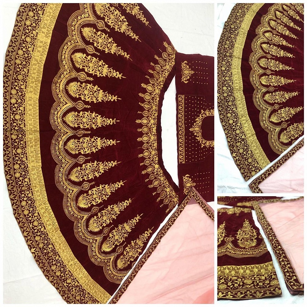 Maroon velvet heavy embroidered bridal lehenga choli