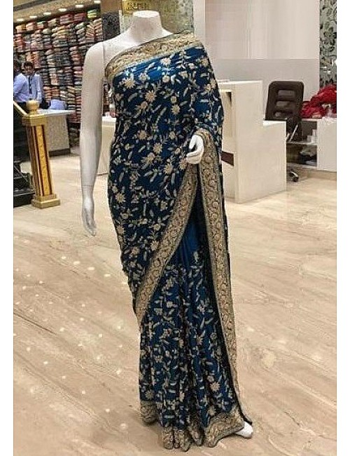 Navy blue georgette heavy embroidered wedding saree