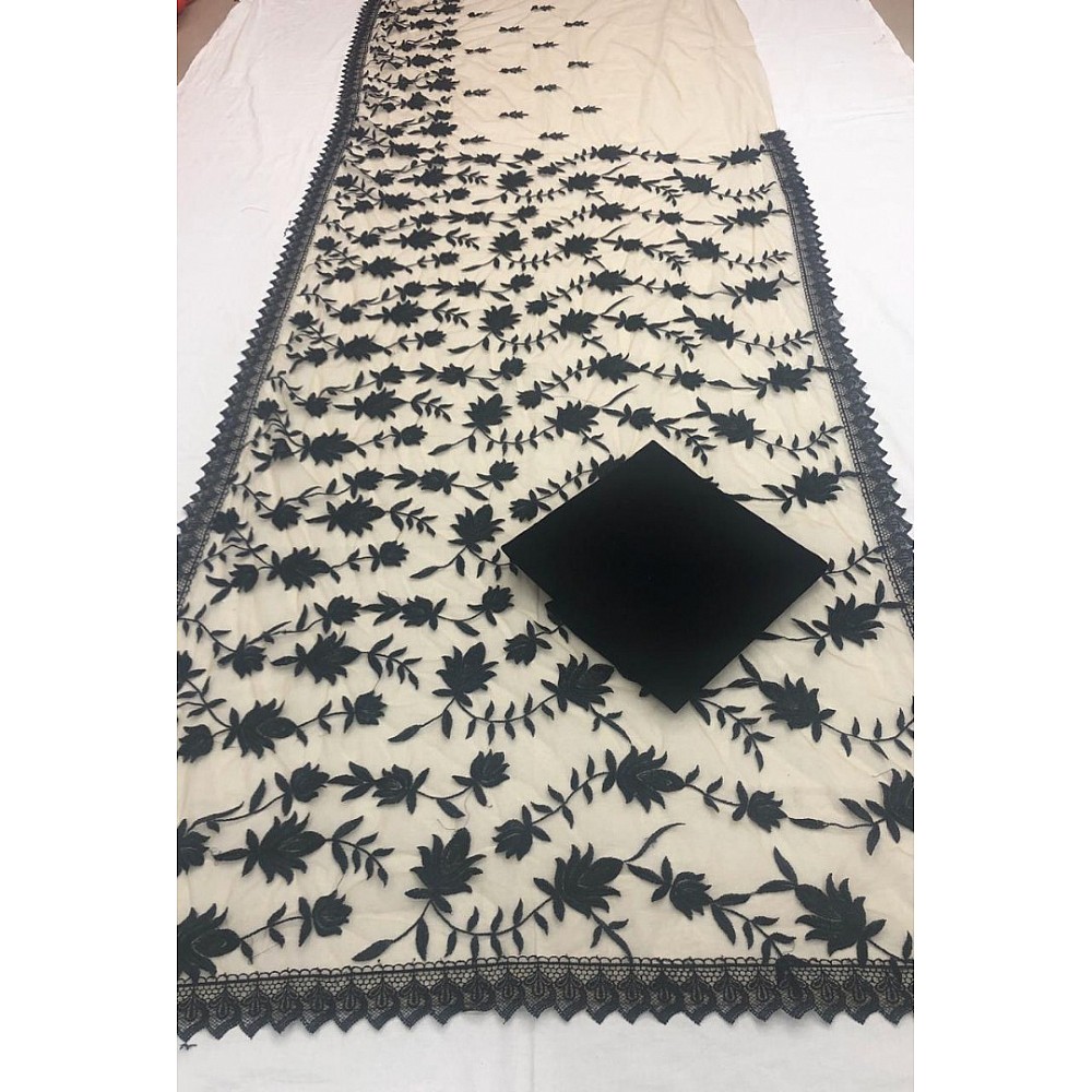 Off white net black thread embroidered designer saree