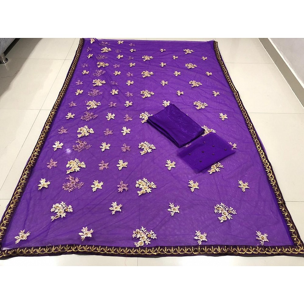 Purple net designer embroidered wedding saree
