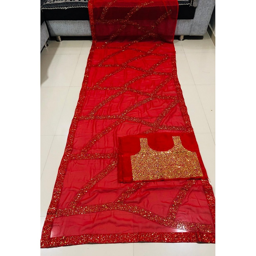 Red georgette sequence work ceremonial saree 