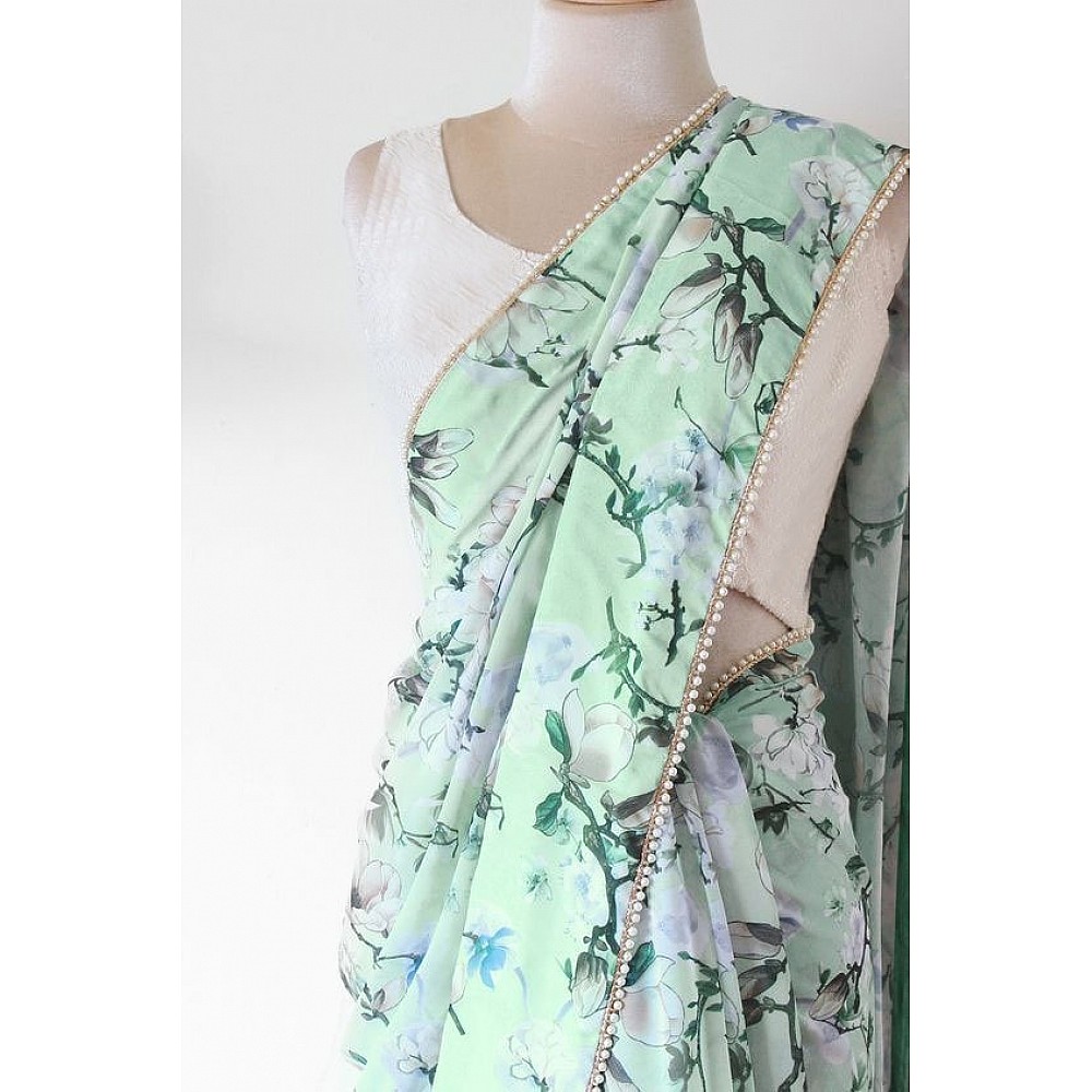 Sea green digital floral printed pearl lace saree