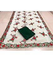 Sea green heavy net red flower embroidered saree