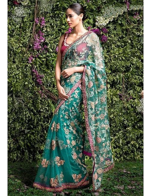 Sea green net heavy embroidered wedding saree