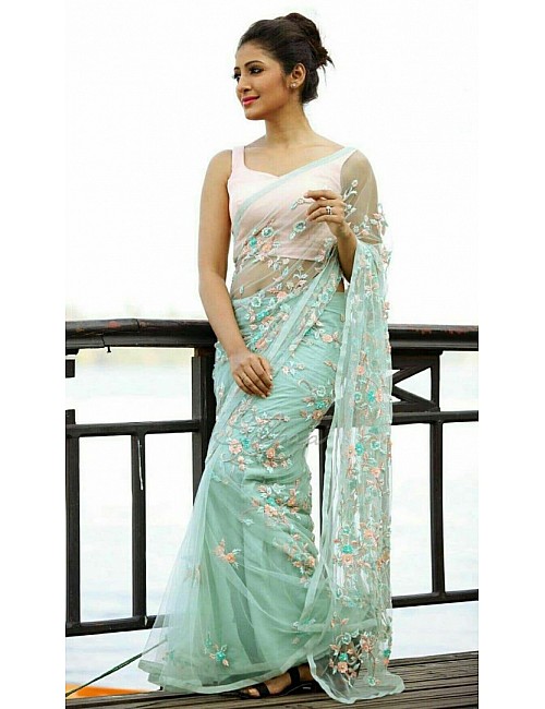 Sea green net heavy floral embroidered stylist saree