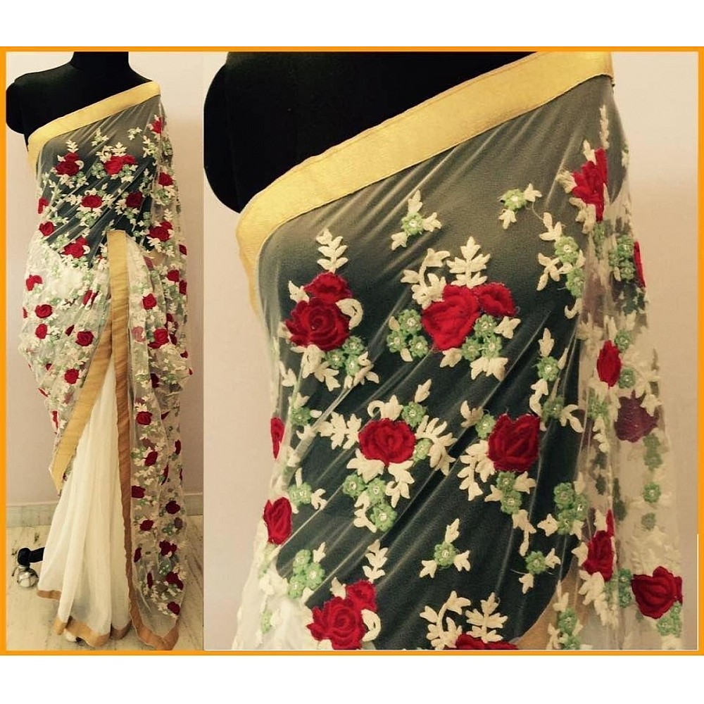 White georgette flower embroidered designer saree