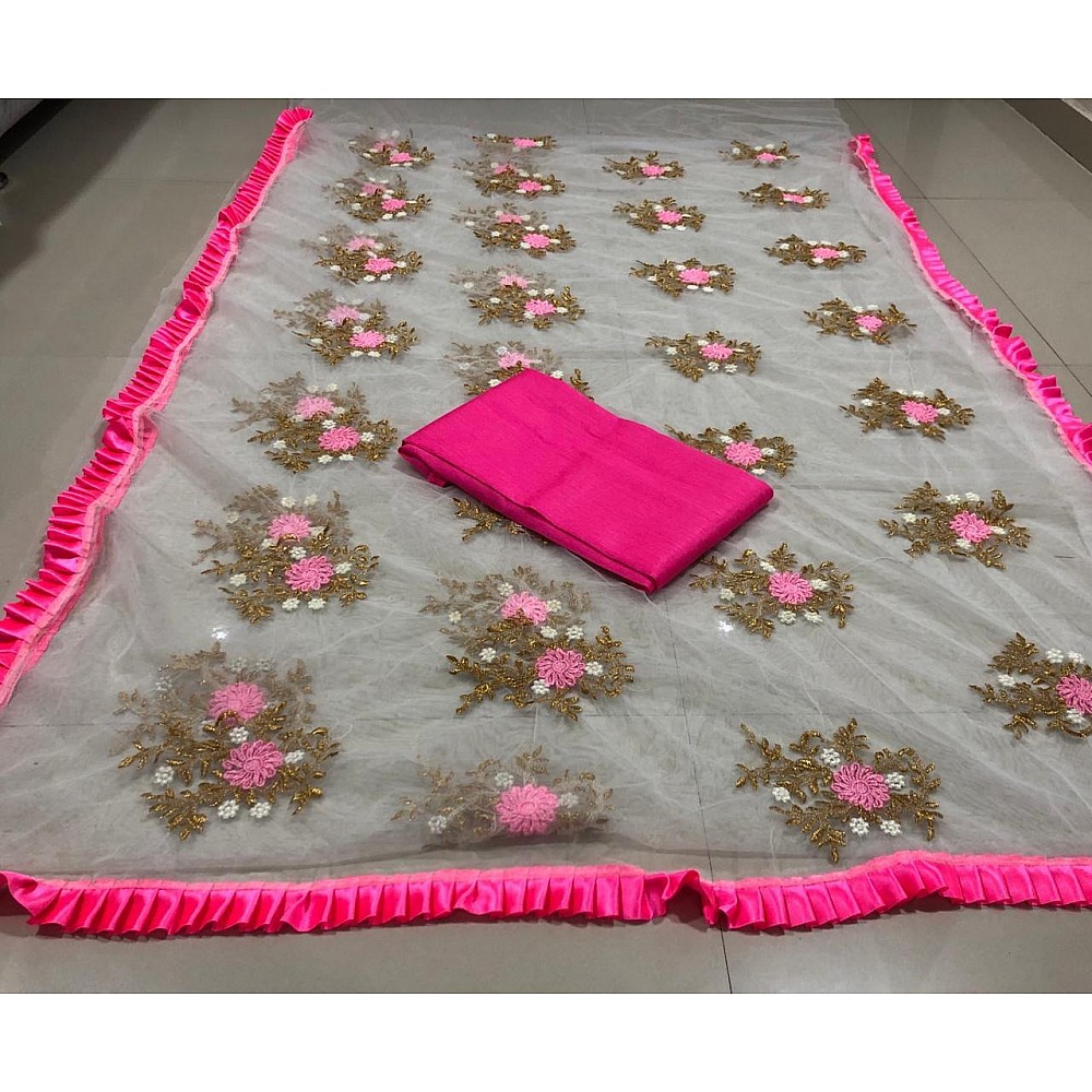White net embroidered ruffle lace girlish saree
