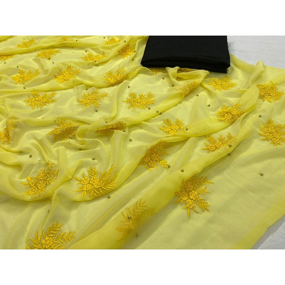 Yellow georgette embroidery and moti work saree