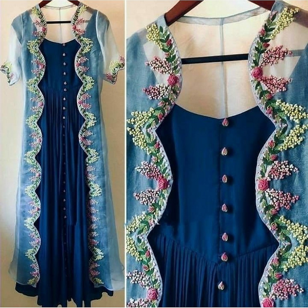 Gown : Blue japan crap plain gown with multi thread work ...