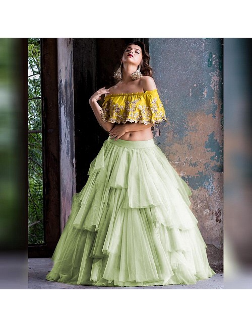 Pista green soft net multi layer lehenga with embroidered crop top