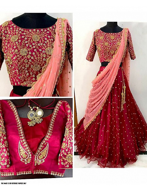 Red soft mono net designer embroidered wedding lehenga choli