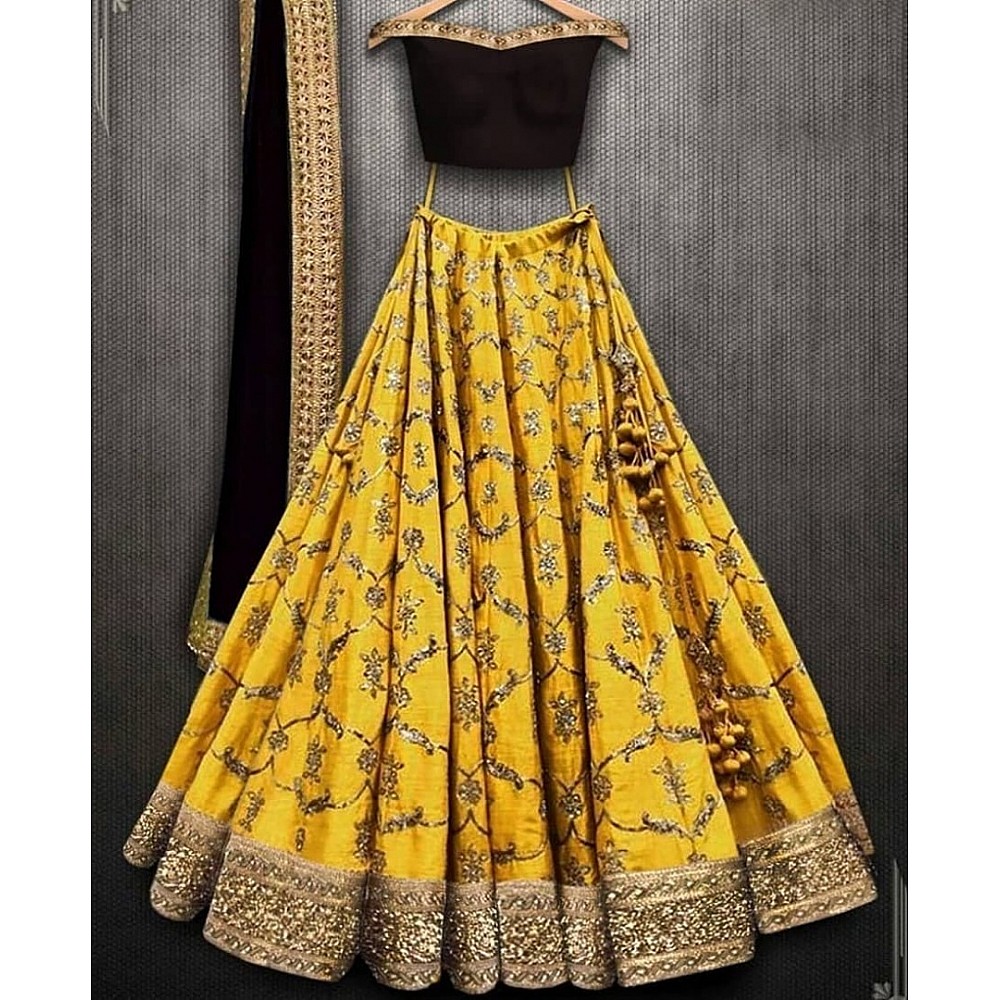 Yellow kumkum silk designer embroidered lehenga choli for ceremony