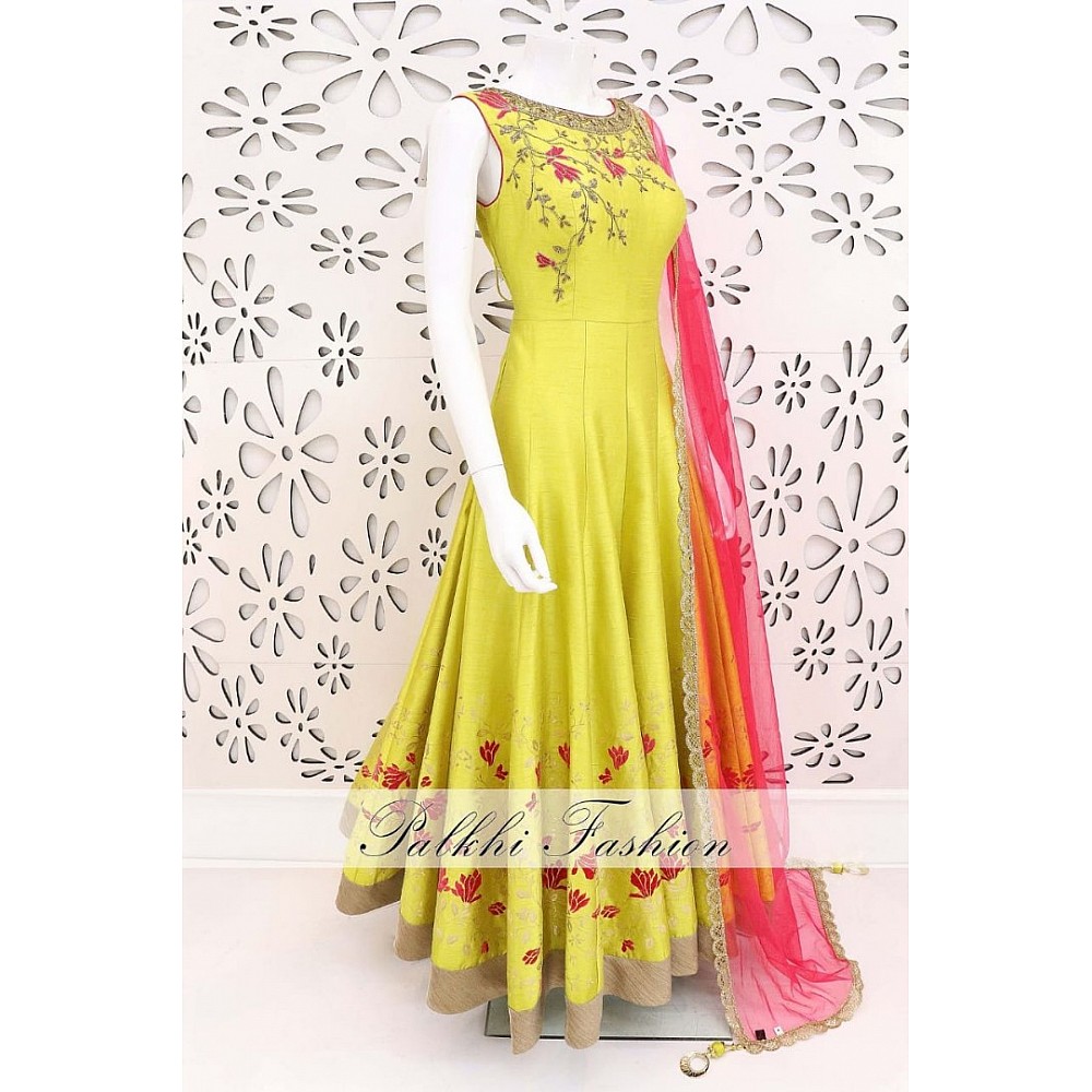 Yellow fusing covered banglori silk embroidered gown