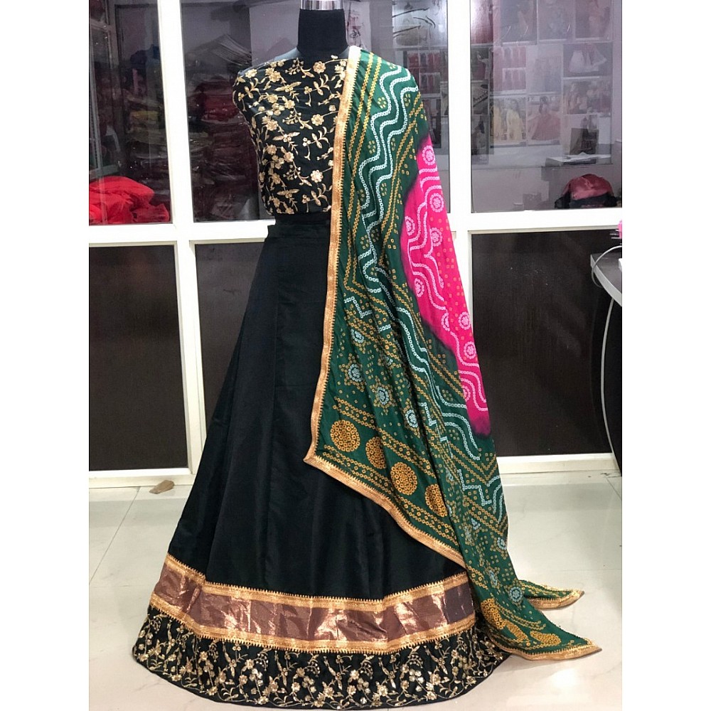 Black tafeta silk beautiful embroidered festive lehenga with bandhani dupatta