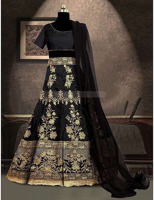 Black tafeta silk heavy embroidered wedding lehenga choli