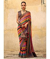 Multicolor strip chinon silk designer wedding saree