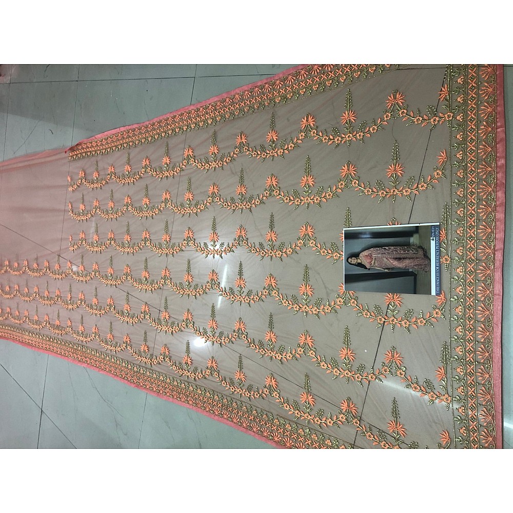 Peach mono net designer embroidered wedding saree