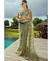 Pista green mono net fancy thread and sequence worked wedding saree