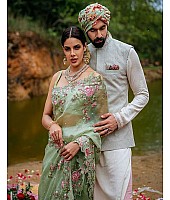pista green organza silk thread embroidered designer saree