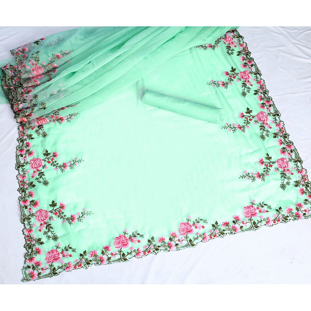 pista green organza silk thread embroidered designer saree