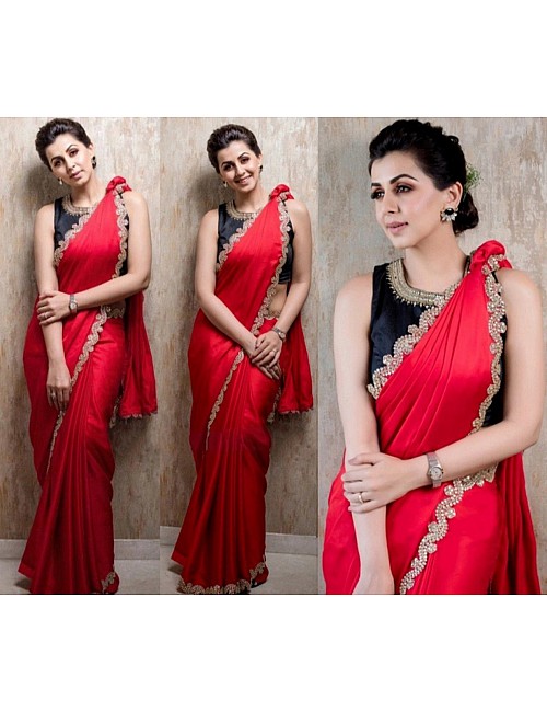 Red georgette designer fancy thread and dori worked partywear saree
