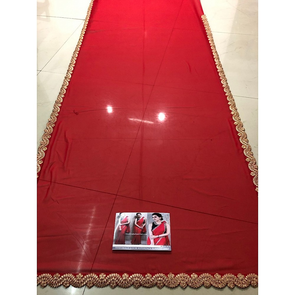 Red georgette designer fancy thread and dori worked partywear saree